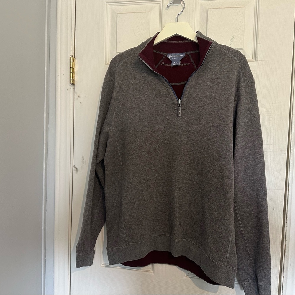 Tommy Bahama Men’s M Gray Burgundy Reversible 1/4 Zip Cotton Sweater Mock Neck